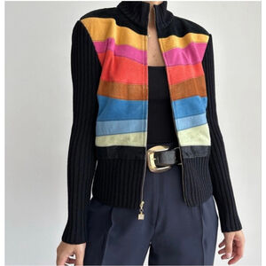 Women's St. John Suede Striped Zip Jacket in Black and Multicolor, Size xl